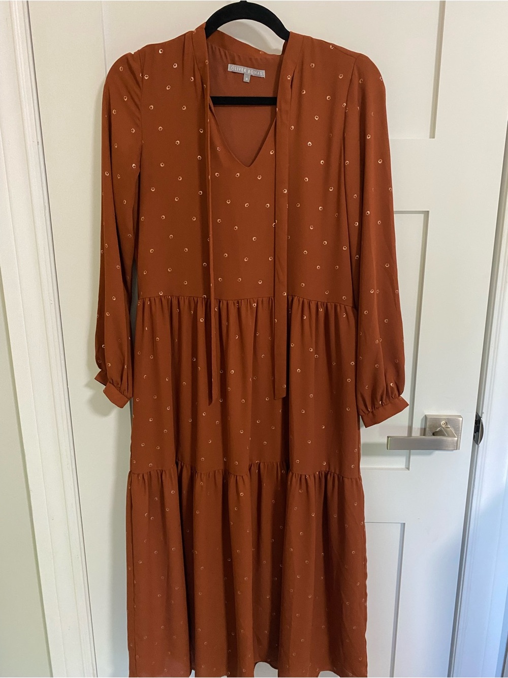 Long Sleeve V-Neck Tiered Midi Dress in Rust with Tie